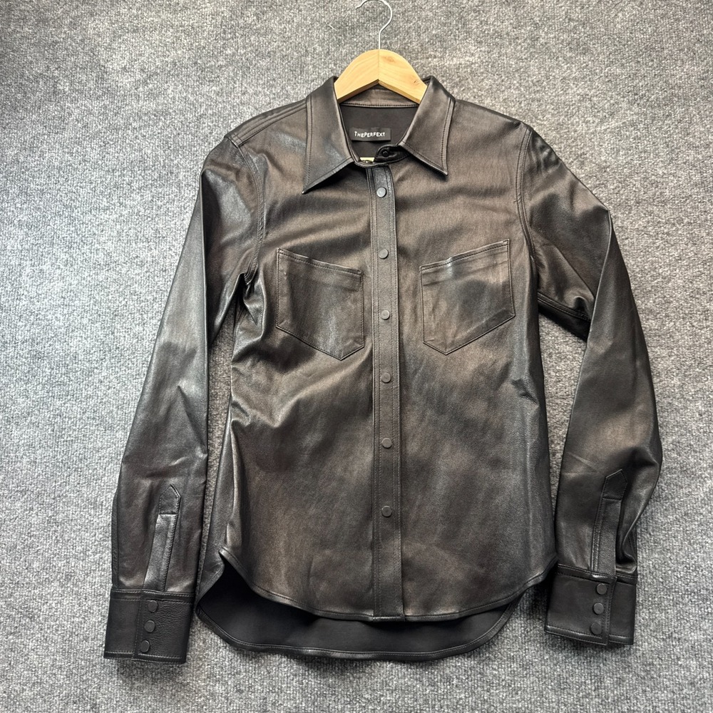 THEPERFEXT Leather Shirt Jacket Mens Medium Black Stretch Collared Snap Front